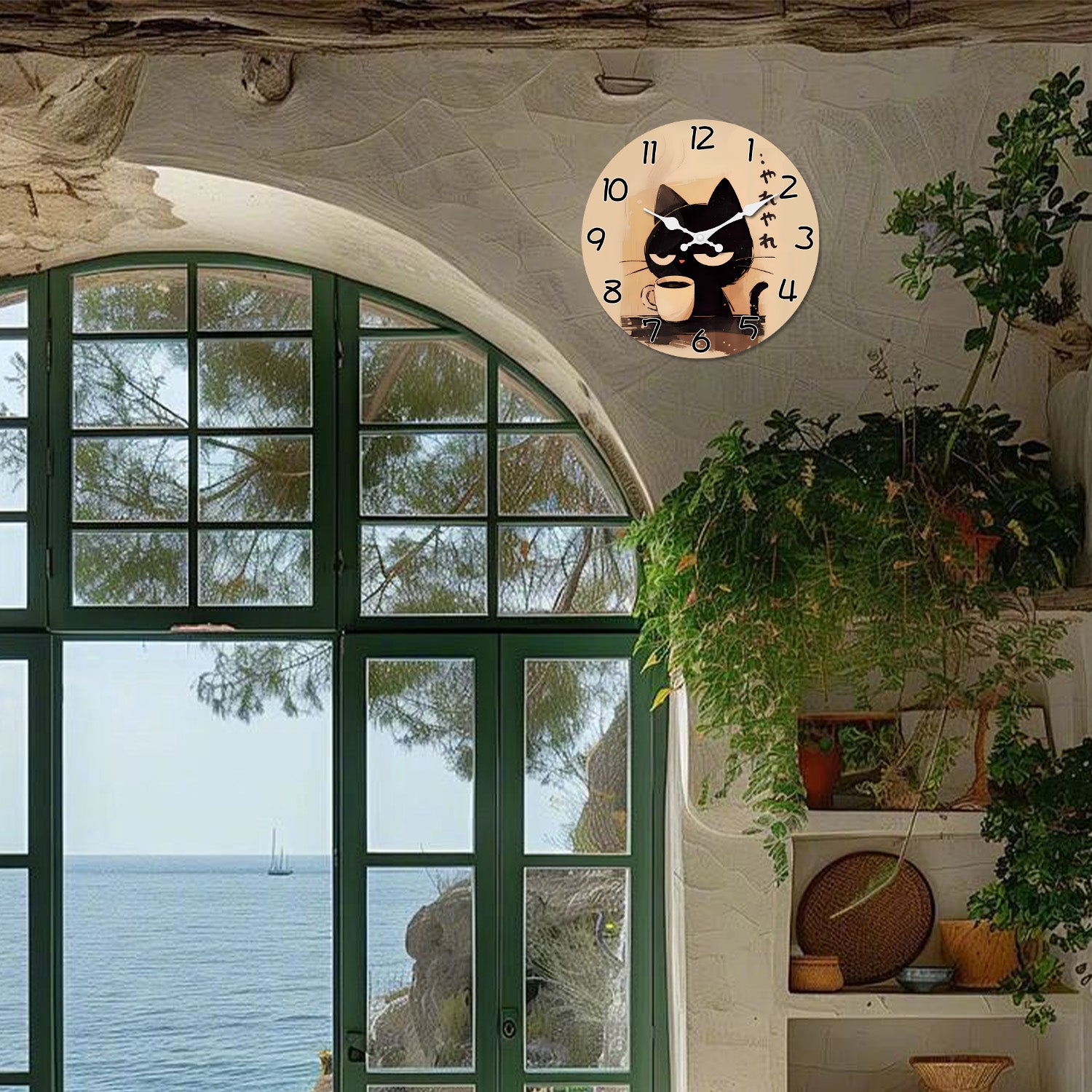 Retro Black Cat Coffee Wall Clock - Silent Quartz, 10-16"